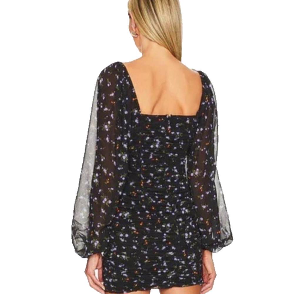 Ruched Sheer Black Floral Milkmaid Whimsigoth‎ Dark Fairy Coquette Mini Dress M - Picture 3 of 10